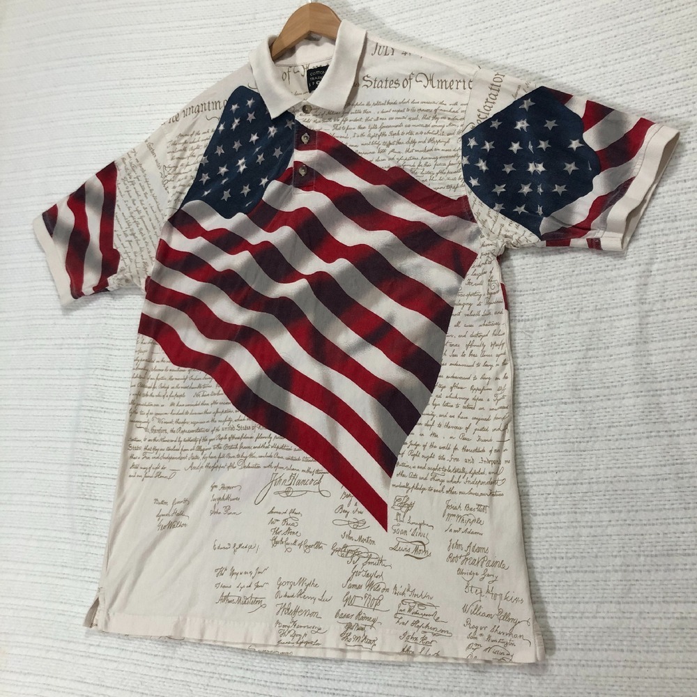 Cotton Traders Sport Patriotic Polo Shirt American Flag‎ Declaration Print XL